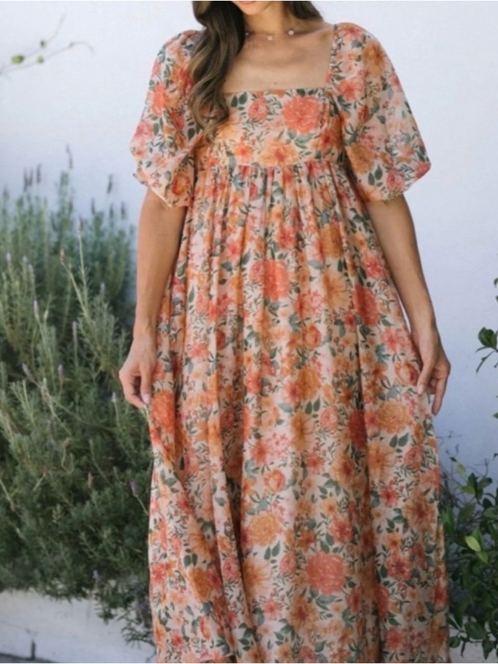 Storia Floral Babydoll Square Neck Maxi Dress Puff Sleeve Boho Cottagecore S